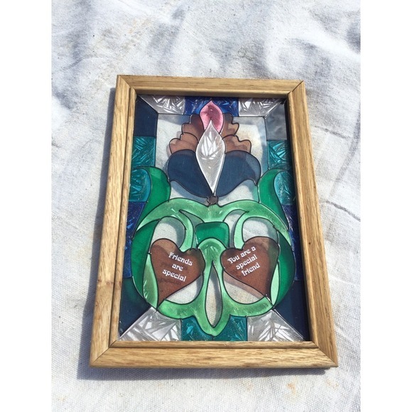 Stained glass decor window frame 10 x 7 wood flower iris friends are special - Picture 1 of 10